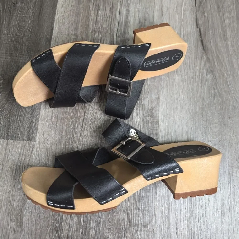 Xhilaration Y2K black leather faux wood chunky platform buckle sandal womens 8